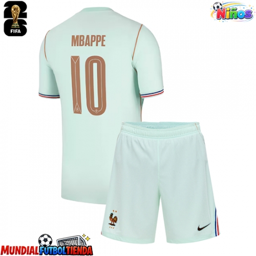 Camiseta Francia Kylian Mbappe #10 Segunda Equipación Replica Mundial 2026 para niños mangas cortas (+ Pantalones cortos)